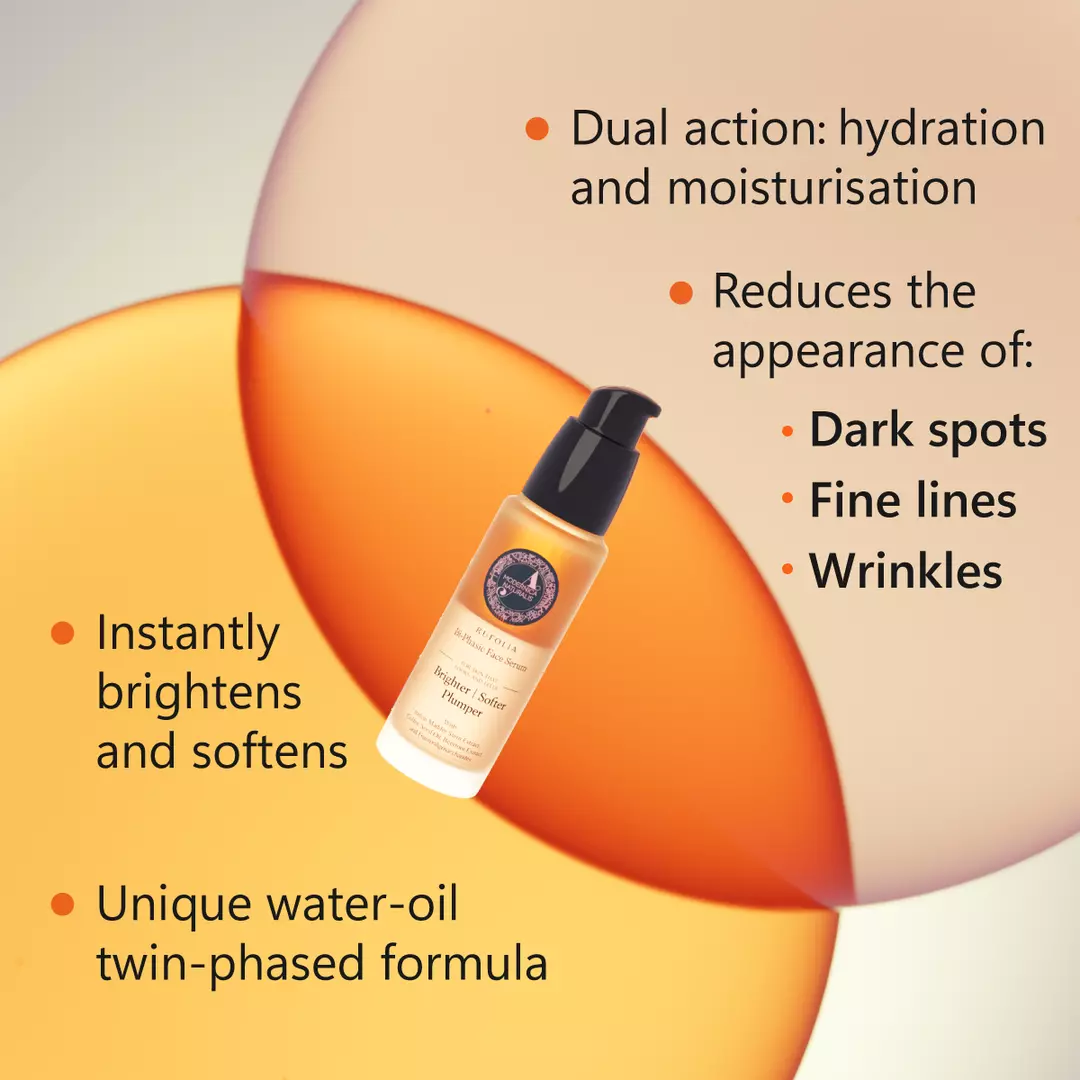 Rufolia Bi-Phasic Face Serum – Brightens, Softens and Plumps Dull, Crepey, Ageing Skin – Water-Oil Hybrid Serum with Manjistha, Tomato, Coffee Seed & Plant-based Squalane – Best Bi-Phasic Face Serum For Mature Skin - With Clinically Proven Ingredients